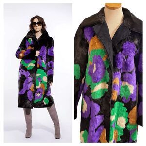 MARC CAIN WOMENS COLORFUL REVERSIBLE FUR‎ COAT JACKET BLACK GREEN PURPLE